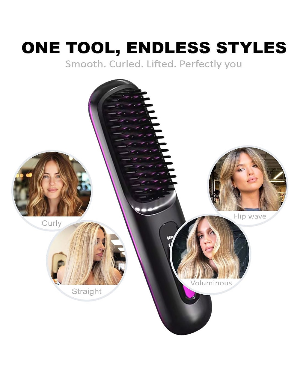 Hair styling tool with images of hairstyles and text 'One tool, endless styles' on a white background.